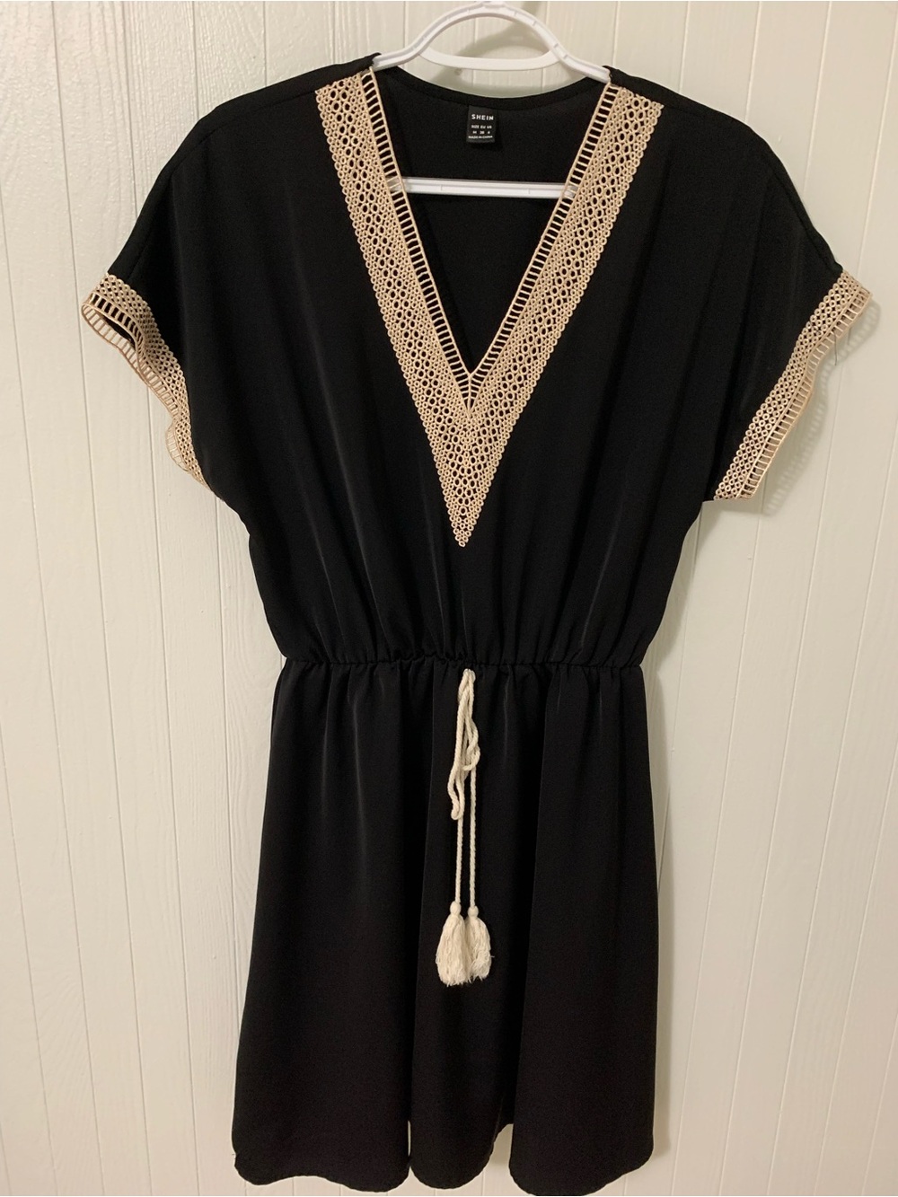 SHEIN Black Mini Dress with Cream Crochet Trim